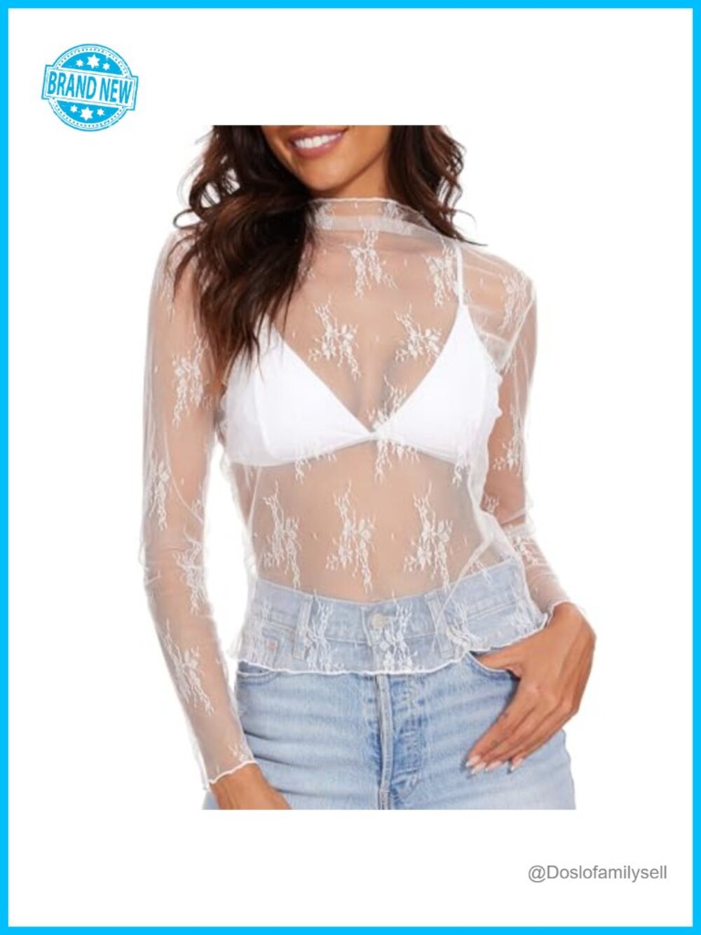 Womens Lace Mesh Sheer See Through Long Sleeve Blouse Top